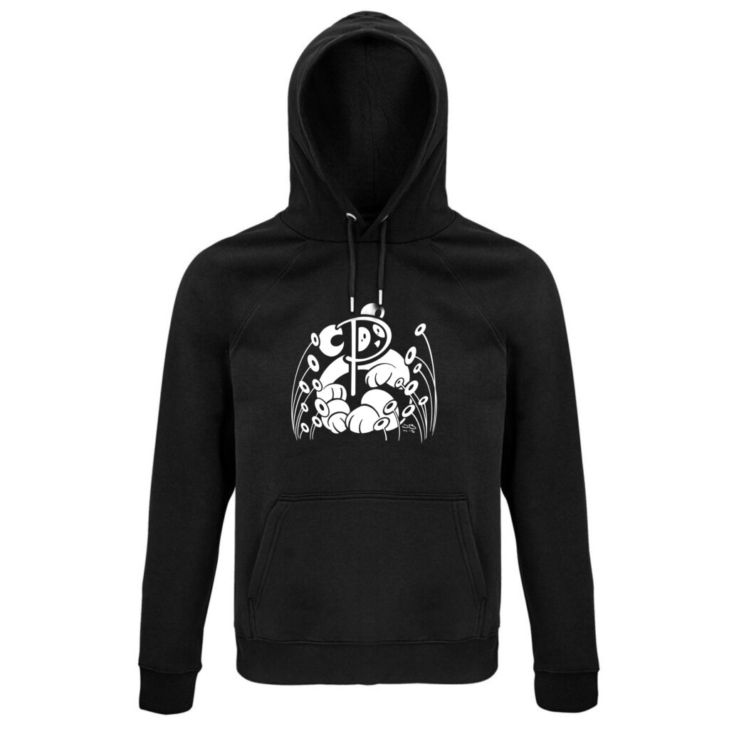 Joys Panda P auf schwarzem Hoodie