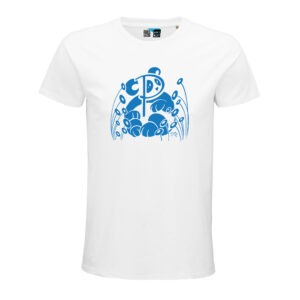 Joys Panda P in blau auf weißem T-Shirt