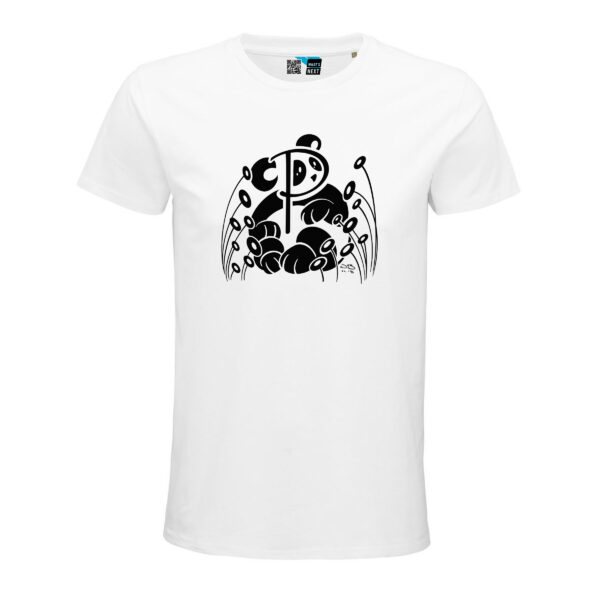 Joys Panda P in schwarz auf weißem T-Shirt
