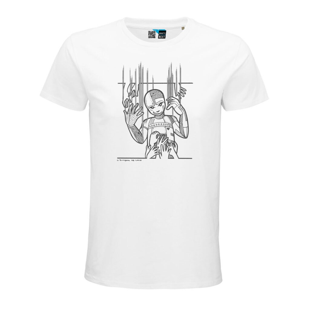 Joys Puppet in Dunkelgrau auf weißem T-Shirt