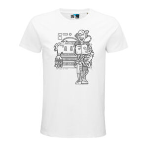 Joys Robots in Dunkelgrau auf weißem T-Shirt