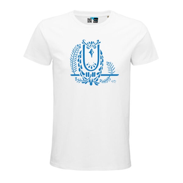 Joys Uhu U in blau auf weißem T-Shirt
