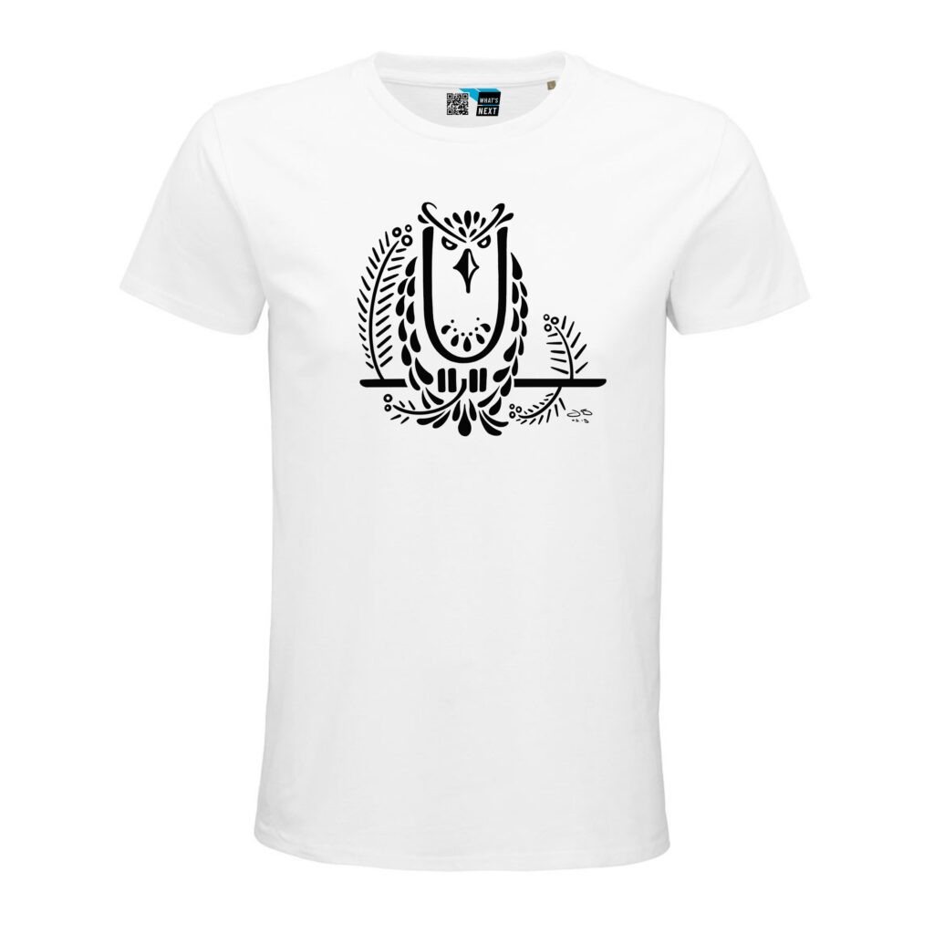 Joys Uhu U in schwarz auf weißem T-Shirt