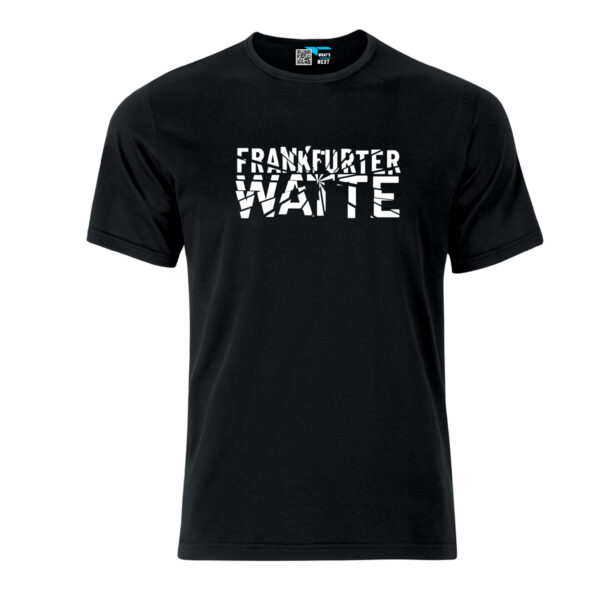 Schwarzes Shirt mit dem Aufdruck "Frankfurter Watte" in Weiß, und in der Optik eines eingeschlagenen Fensters