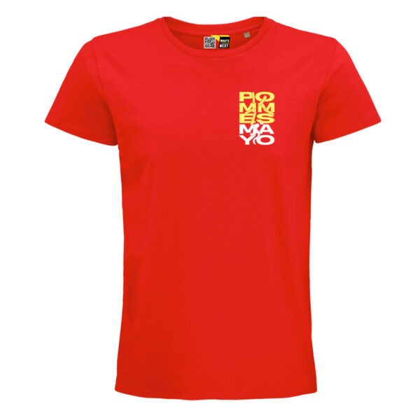 Rotes Shirt, darauf in Gelb das Wort "Pommes", in Weiß "Mayo", illustrativ umgesetzt, als Brustmotiv