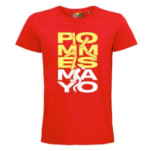 Rotes Shirt, darauf in Gelb das Wort "Pommes", in Weiß "Mayo", illustrativ umgesetzt