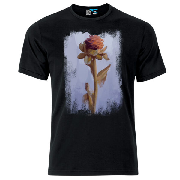 Malerei einer verwelkten Blume auf Aquarell-Hintergrund auf schwarzem Shirt