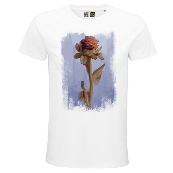 Malerei einer verwelkten Blume auf Aquarell-Hintergrund auf weißem Shirt
