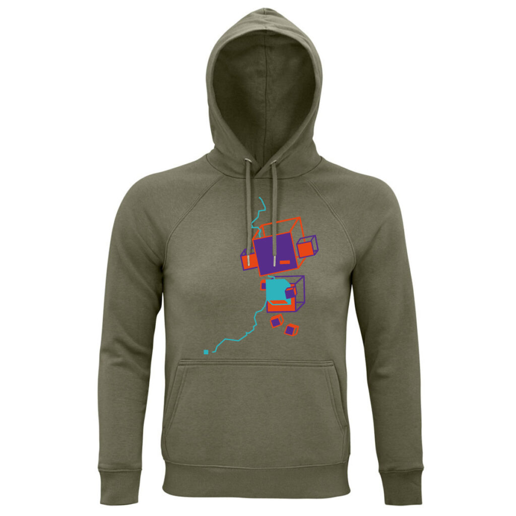 Das Motiv i.o. von Katja auf khakifarbenem Hoodie