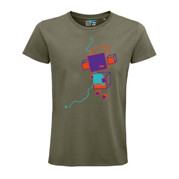 Das Motiv i.o. von Katja, ein niedlicher Roboter aus Kästen in Orange, Lila und Türkis, auf Khaki-farbenem T-Shirt