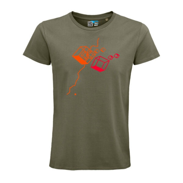Das Motiv Fly von Katja, Kästen und Linien in Neonrot und Neonorange auf Khaki-farbenem T-Shirt