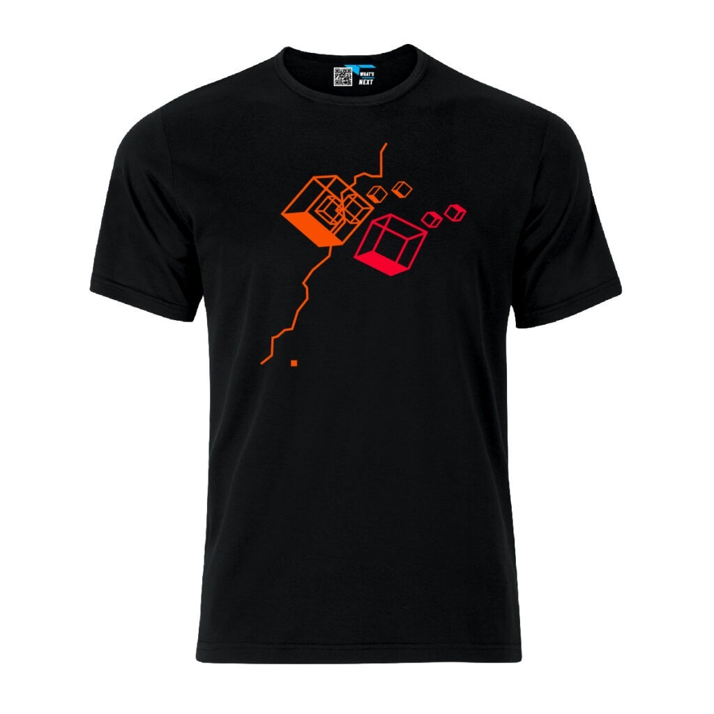 Das Motiv Fly von Katja, Kästen und Linien in Neonrot und Neonorange auf schwarzem T-Shirt