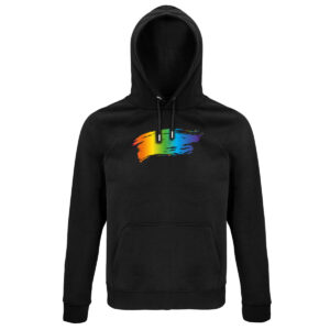 Schwarzer Hoodie mit einem Farbwischer in Regenbogenfarben