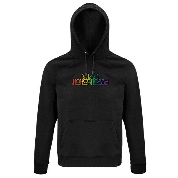 Das regenbogenfarbene Typo-Motiv "Fuck Homophobia" von Wilsonticket auf schwarzem T-Shirt