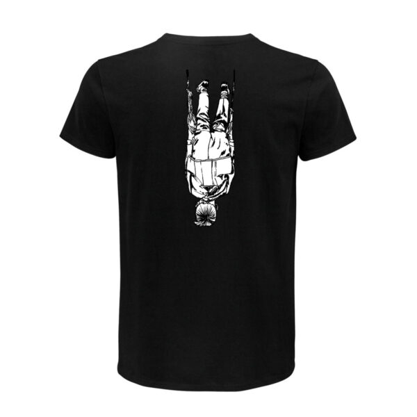 Motiv "Abhängen", eine Person über Kopf hängend, von Wilsonticket in schwarzweiß auf schwarzem T-Shirt