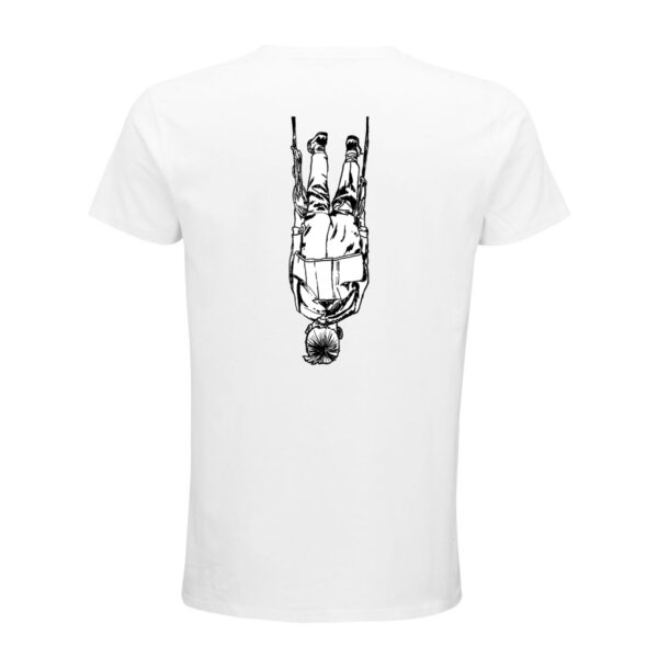 Motiv "Abhängen", eine Person über Kopf hängend, von Wilsonticket in schwarzweiß auf weißem T-Shirt