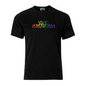 Das regenbogenfarbene Typo-Motiv "Fuck Homophobia" von Wilsonticket auf schwarzem T-Shirt