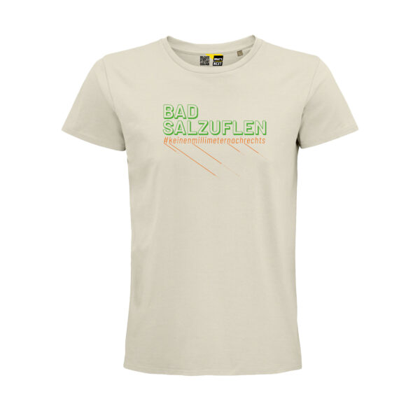 Ein T-Shirt in Natural-Farbe. Darauf "Bad Salzuflen" in Großbuchstaben, in grün. Darunter in derselben Breite der Hashtag "keinenmillimeternachrechts" in Orange.