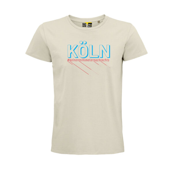 Ein T-Shirt in Natural-Farbe. Darauf "Köln" in Großbuchstaben, in Himmelblau. Darunter in derselben Breite der Hashtag "keinenmillimeternachrechts" in Rot.