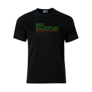 Ein schwarzes T-Shirt. Darauf "Bad Salzuflen" in Großbuchstaben, in grün. Darunter in derselben Breite der Hashtag "keinenmillimeternachrechts" in Orange.