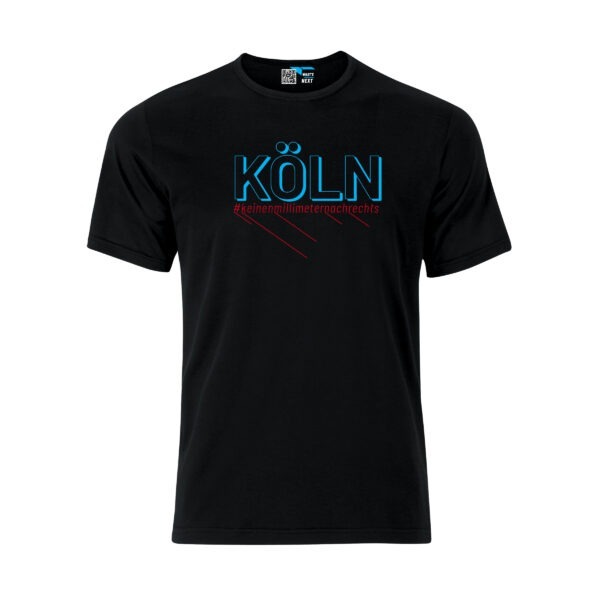 Ein schwarzes T-Shirt. Darauf "Köln" in Großbuchstaben, in Himmelblau. Darunter in derselben Breite der Hashtag "keinenmillimeternachrechts" in Rot.