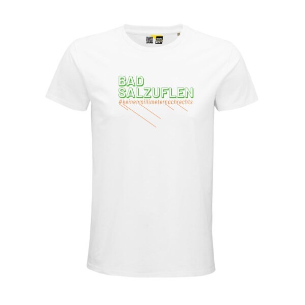 Ein weißes T-Shirt. Darauf "Bad Salzuflen" in Großbuchstaben, in grün. Darunter in derselben Breite der Hashtag "keinenmillimeternachrechts" in Orange.
