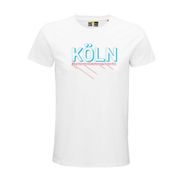 Ein weißes T-Shirt. Darauf "Köln" in Großbuchstaben, in Himmelblau. Darunter in derselben Breite der Hashtag "keinenmillimeternachrechts" in Rot.