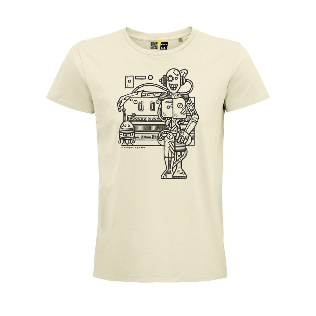 Das Motiv Robots von Joy, die Zeichnung eines großen, menschlichen Roboters und eines kleinen, runden Roboters, vor einer nicht weiter definierten Maschine auf einem T-Shirt in der Farbe natural