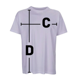 Oversize-Damen-Shirt mit Vermaßungspfeilen C (Breite) von Ärmel zu Ärmel und D (Länge) von Schulter bis zum unteren Ende