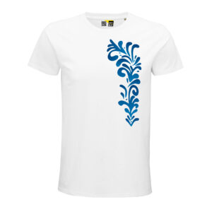 Ein weißes T-Shirt. Darauf, auf der linken Seite, etwa vom Hals bis zum Bauch, verschiedene Bembel-Ornamente mit Verläufen von Hellblau nach Dunkelblau.