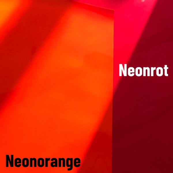 Die beiden Flexfolien in Neonorange und Neonrot liegen aufeinander, und sind hell beleuchtet, sodass sich Lichter und Schatten ergeben. Dazu die Begriffe "Neonorange" in Schwarz und "Neonrot" in Weiß