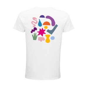 Rücken eines weißen Unisex-Shirts, darauf freie Formen (Schlangen, Haken, Sterne etc.) in verschiedenen Farben.