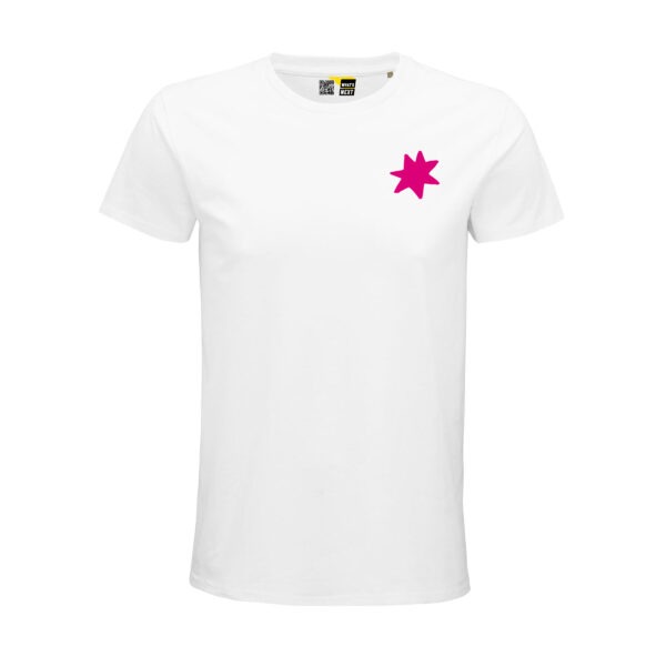 Vorderansicht eines weißen Unisex-Shirts mit einer freien Form auf der Brust, die Form ist eine pinkfarbene Sternform.