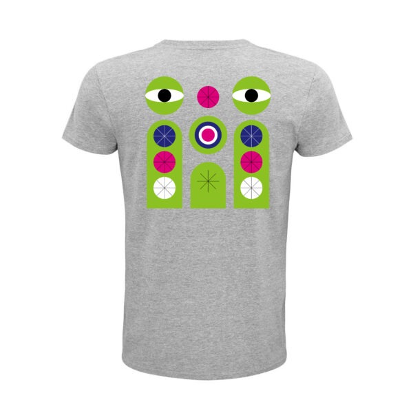 Grau meliertes Shirt, Rückenansicht. Darauf Augen, Kreise, Linien und weitere geometrische Figuren in Grün, Blau und Weiß, und sternförmig angeordnete Linien in Schwarz.