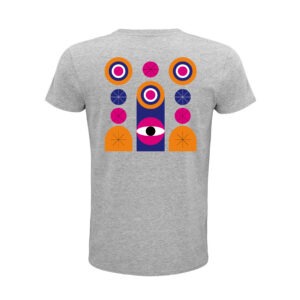 Grau meliertes Shirt, Rückenansicht. Darauf Augen, Kreise, Linien und weitere geometrische Figuren in Orange, Blau, Lila und Weiß, und sternförmig angeordnete Linien in Schwarz.