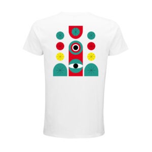 Weißes Shirt, Rückenansicht. Darauf Augen, Kreise, Linien und weitere geometrische Figuren in Grün, Gelb, Rot und Weiß, und sternförmig angeordnete Linien in Schwarz.