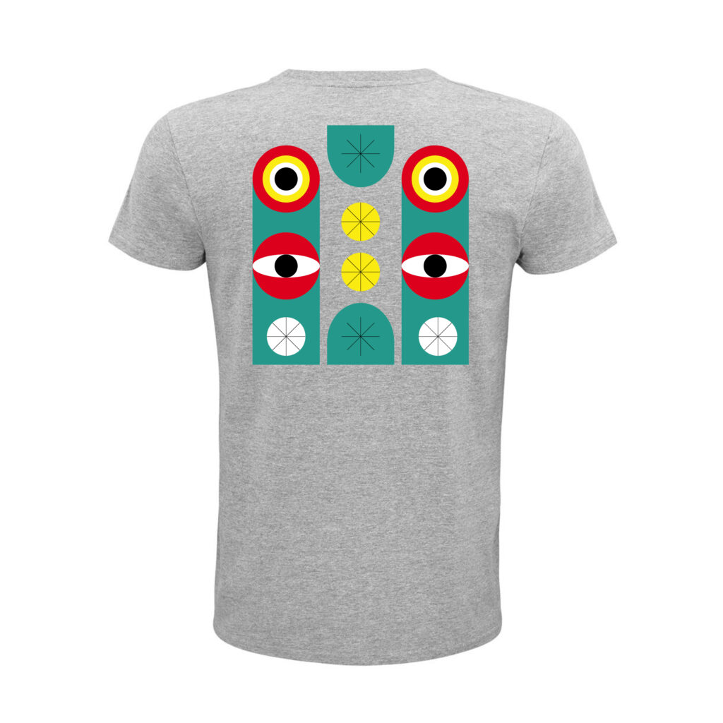 Grau-meliertes Shirt, Rückenansicht. Darauf Augen, Kreise, Linien und weitere geometrische Figuren in Grün, Gelb, Rot und Weiß, und sternförmig angeordnete Linien in Schwarz.