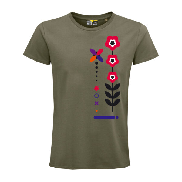 Khaki-farbenes T-Shirt, Vorderansicht. Von der Mitte zu linken Seite des Shirts sieht man zwei stark stilisierte Blumen in verschiedenen Rot- und Blautönen, sowie schwarzen Stängeln, Blättern und Kreisen.