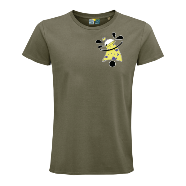 Khaki-farbenes Shirt mit dem Motiv #2. Ein halbes Auge, darunter eine Fläche in Gelb mit Punkten darauf, die aussieht, als trüge das Auge Schal und Kleid. Über dem Auge ein Kreis in denselben Farben. Ganz unten ein schwarzer Punkt, durch das Motiv eine nach unten gebogene Kontur in Schwarz. Vom Auge weg gehen auf jeder Seite zwei schwarze Ovale, die sich zum Motiv hin verjüngen.