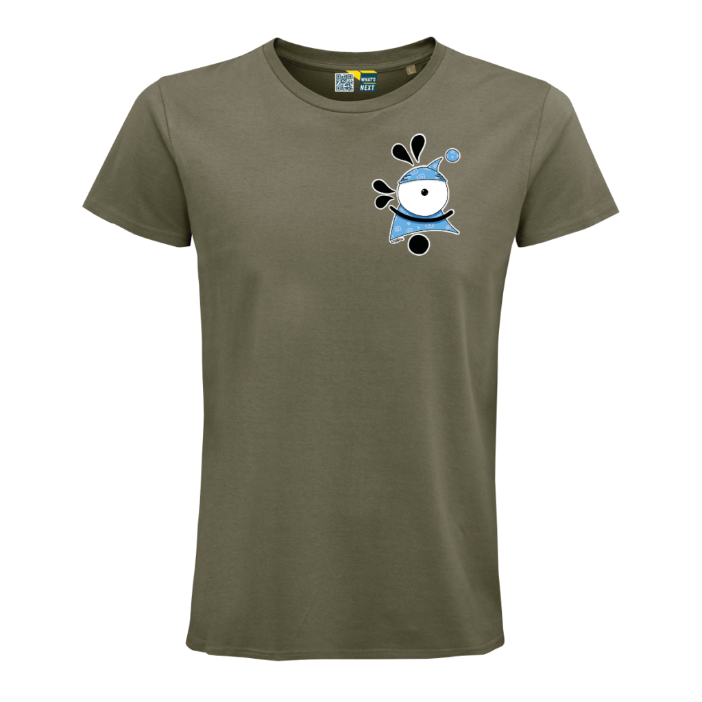 Khaki-farbenes Shirt mit dem Motiv #8. Einem blauen Dude, in der Mitte hauptsächlich ein Auge, das eine Mütze und ein stilisiertes Kleid trägt, beide in Blau. Darunter ein Punkt, der die Beine symbolisiert. Ein schwarzer Bogen unter dem Auge symbolisiert die Arme. Vom Auge weg gehen zwei Paare schwarzer Ornamente.