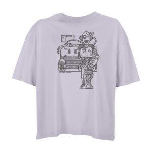 Das Motiv Robots von Joy, die Zeichnung eines großen, menschlichen Roboters und eines kleinen, runden Roboters, vor einer nicht weiter definierten Maschine auf einem Oversize-Shirt in Flieder.