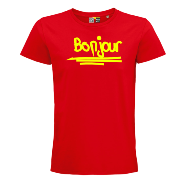 Rotes T-Shirt mit dem Schriftzug "Bonjour" in Neongelb, grafisch umgesetzt mit drei Strichen darunter.