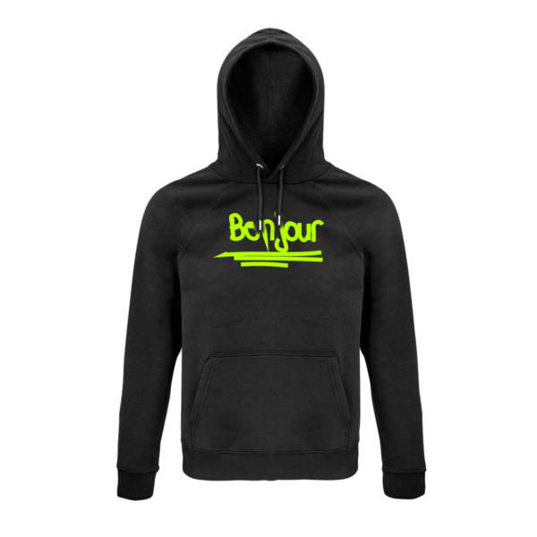 Schwarzer Hoodie mit dem Schriftzug "Bonjour" in Neongrün, grafisch umgesetzt mit drei Strichen darunter.