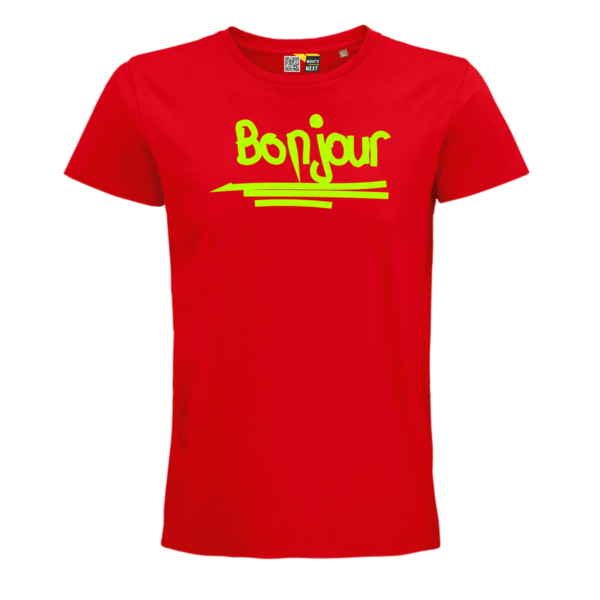 Rotes T-Shirt mit dem Schriftzug "Bonjour" in Neongrün, grafisch umgesetzt mit drei Strichen darunter.