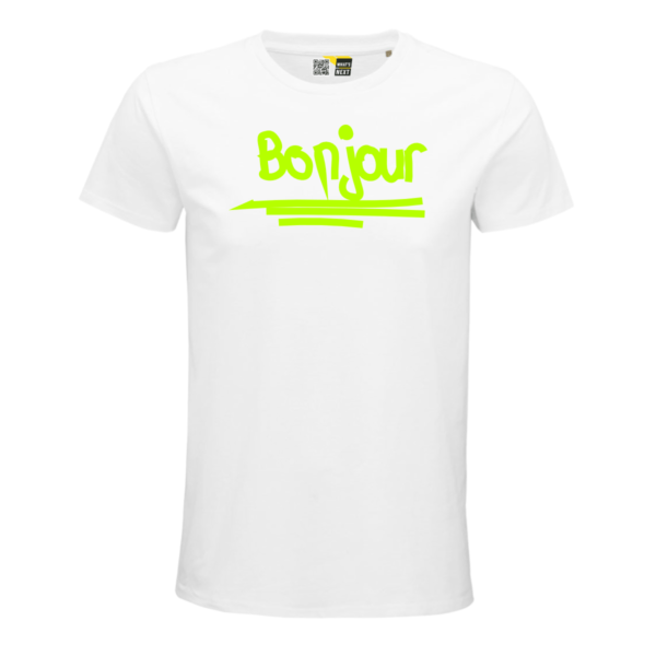 Weißes T-Shirt mit dem Schriftzug "Bonjour" in Neongrün, grafisch umgesetzt mit drei Strichen darunter.