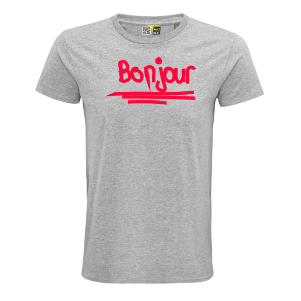 Graues T-Shirt mit dem Schriftzug "Bonjour" in Neonrot, grafisch umgesetzt mit drei Strichen darunter.