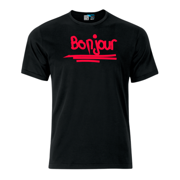 Schwarzes T-Shirt mit dem Schriftzug "Bonjour" in Neonrot, grafisch umgesetzt mit drei Strichen darunter.