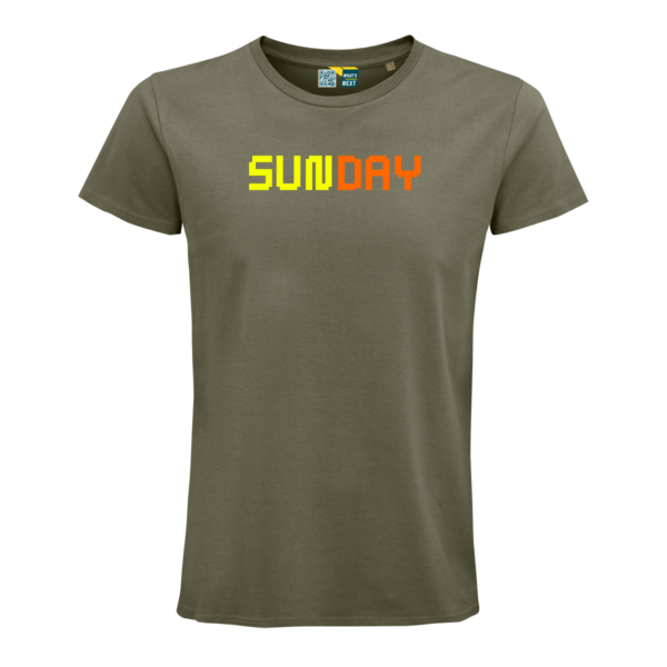 khaki-farbenes T-Shirt mit dem Schriftzug "SUNDAY" SUN in Neongelb und DAY in Neonorange.