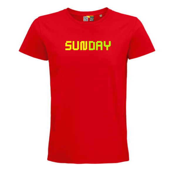 Rotes T-Shirt mit dem Schriftzug "SUNDAY" SUN in Neongelb und DAY in Neongrün.