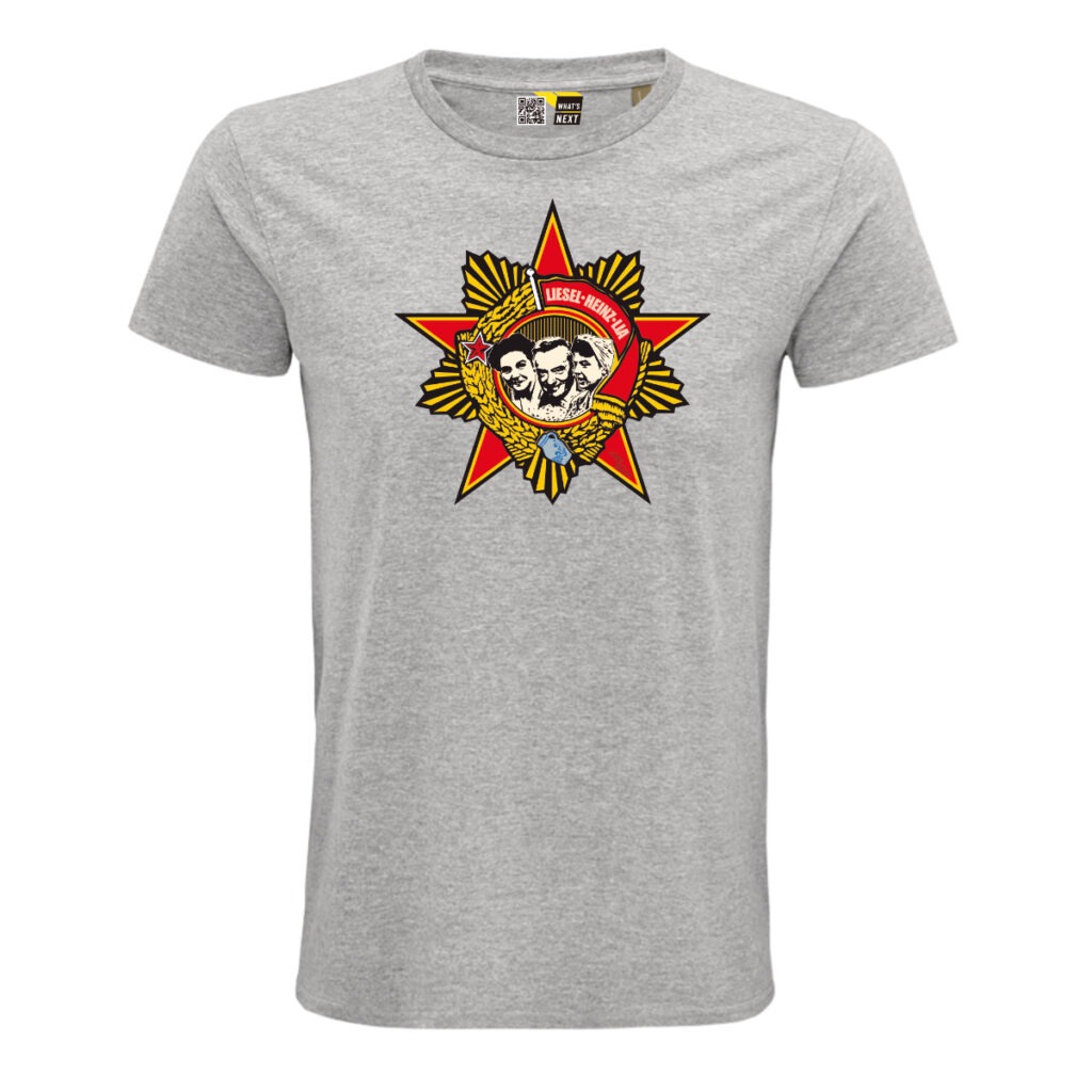Ein graues T-Shirt, darauf ein fünfzackiger roter Stern mit gelber und schwarzer Kontur. Zwischen den Zacken sind jeweils schmale Türme, außen jeweils klein, in der Mitte jeweils der höchste, alle gelb mit schwarzer Kontur. Auf dem Stern liegt dann ein gelber Kranz mit schwarzen Konturen. Im oberen Teil des Kranzes weht eine rote Fahne in der steht "Liesel, Heinz, Lia". In der Mitte des Kranzes sind Silhouetten der drei zu sehen (Liesel Christ, Heinz Schenk, Lia Wöhr). Unter den Dreien ist noch ein kleiner Bembel eingearbeitet.
